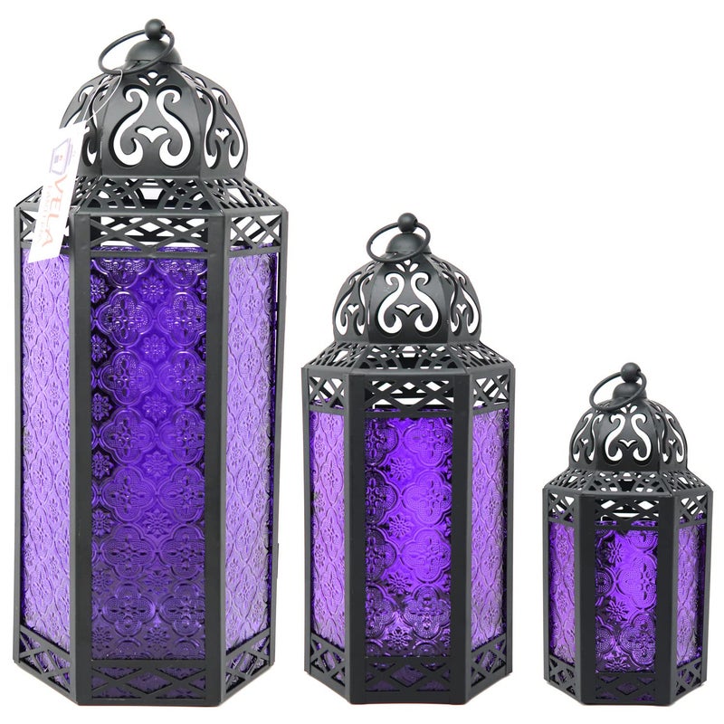 VELA LANTERNS Moroccan Candle Lanterns Decorative Set of 3 for Floor, Ramadan Decorations, Indoor Home Decor, Outdoor Patio or Porch, Halloween, Weddings, Purple - Image 2